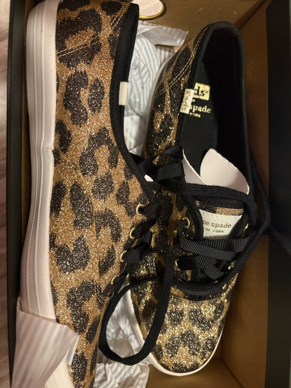 NIB RARE kate spade new york Women's Glitter Leopard Lace-Up Sneakers